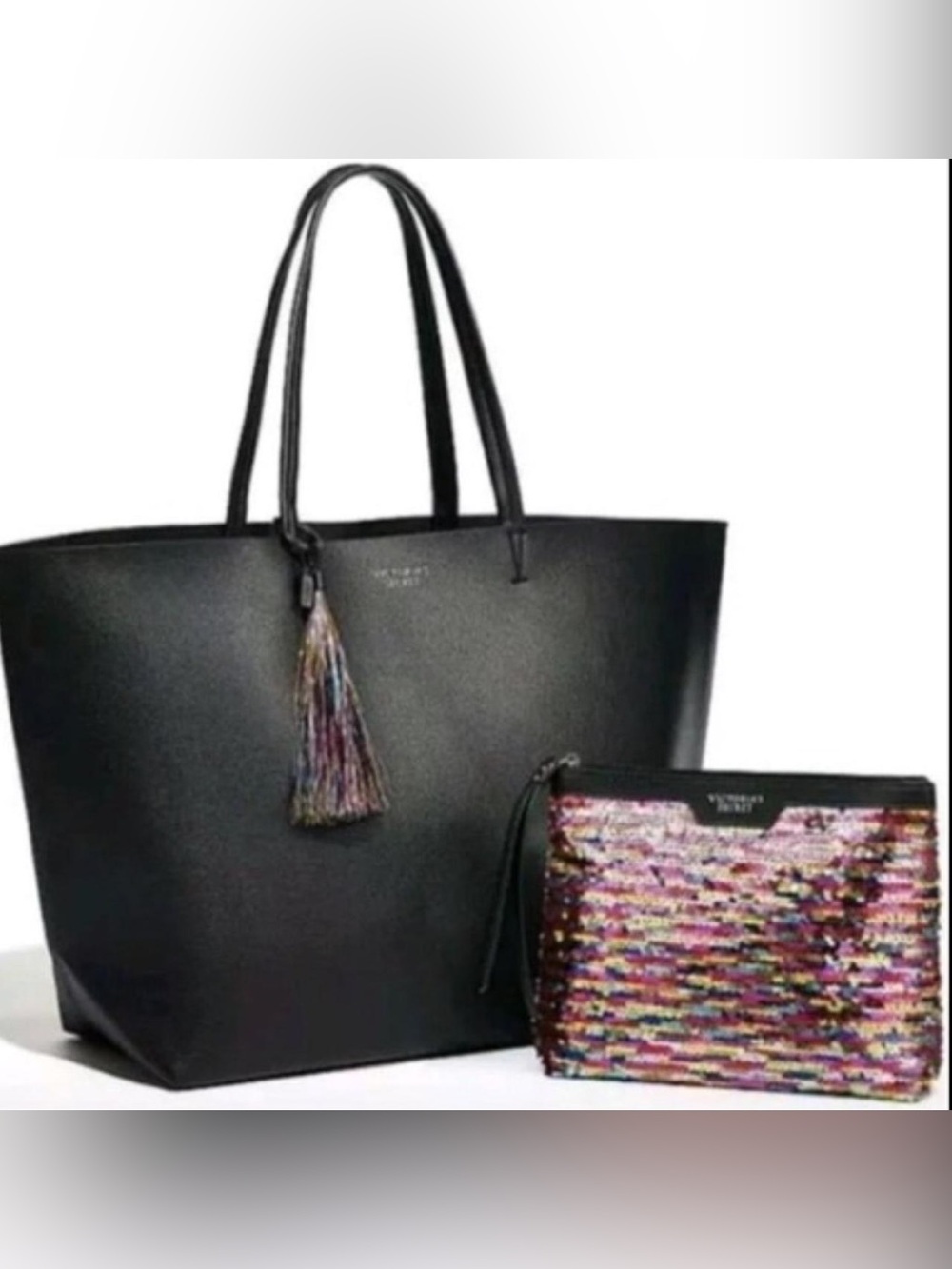 Victoria's Secret Black Tote with Multicolor Sequin Pouch and Tassel